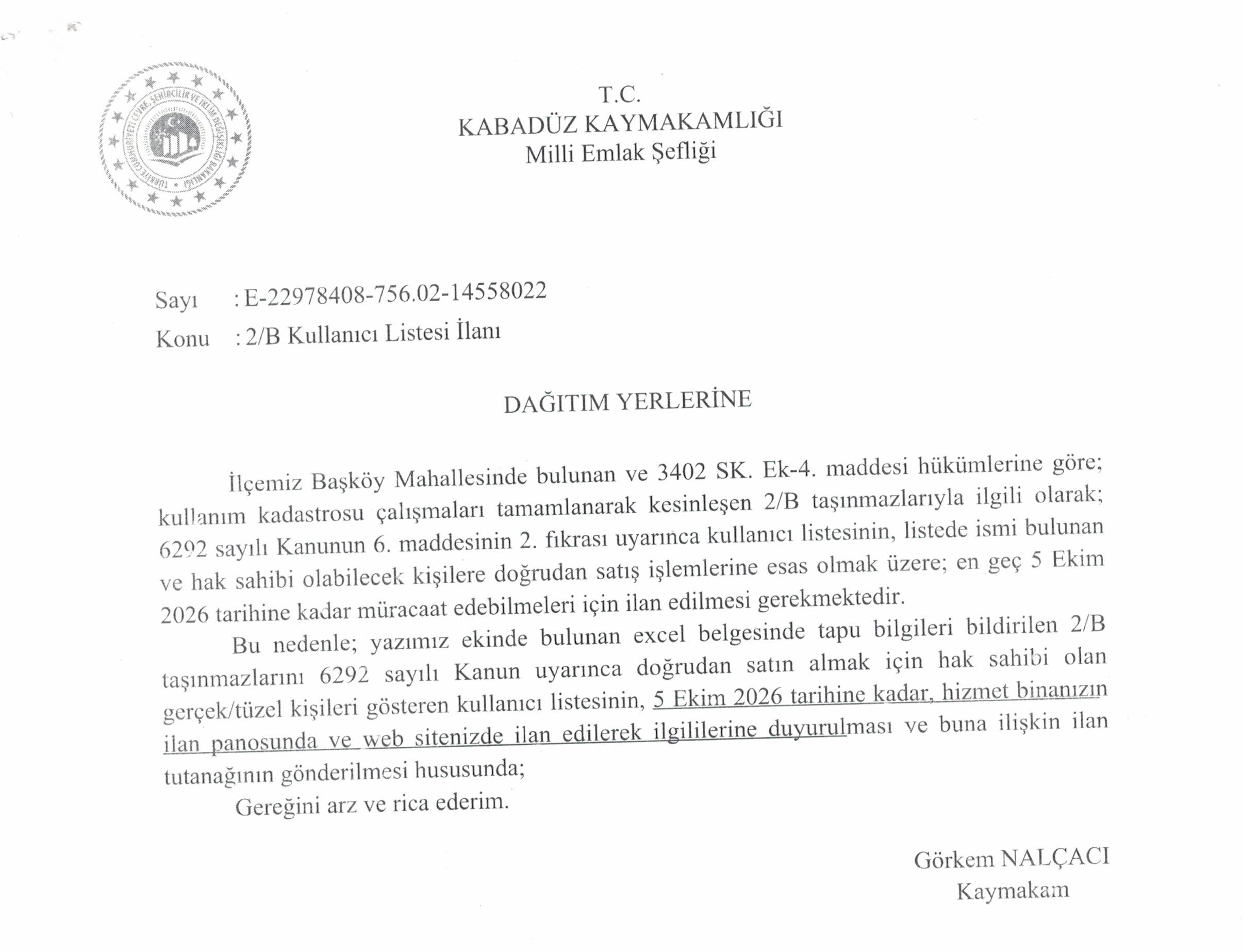 2/B Kullanıcı Listesi İlanı